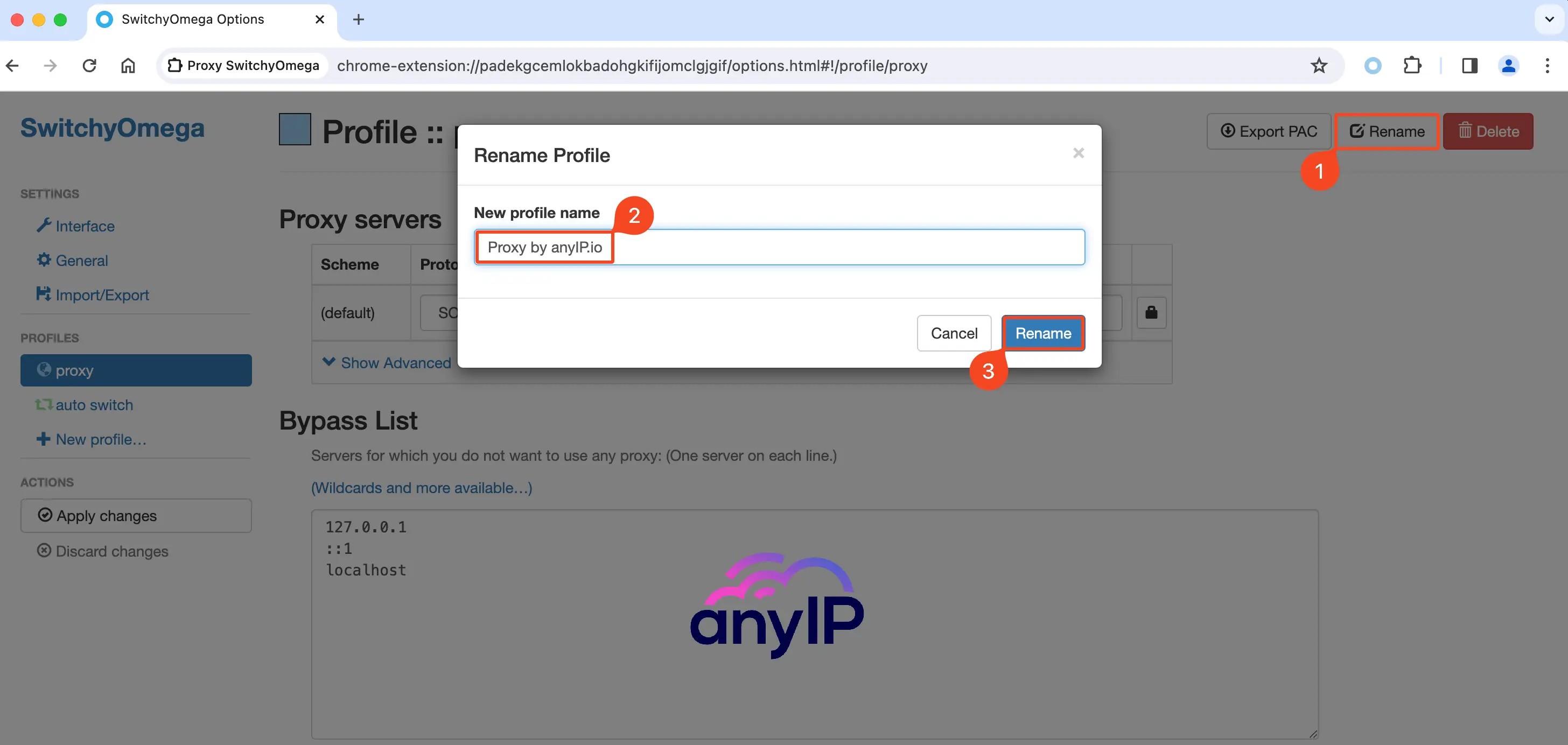 Easily rename a profile in Proxy SwitchyOmega on Chrome.