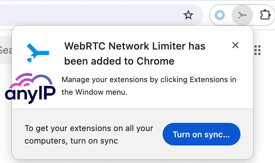 Notification confirming WebRTC Network Limiter installation on Chrome.