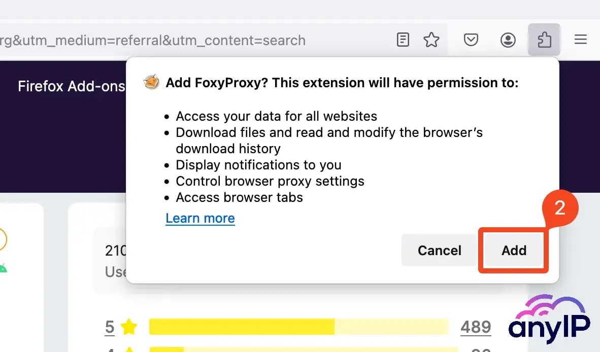 Confirmation prompt for adding the FoxyProxy extension to your browser