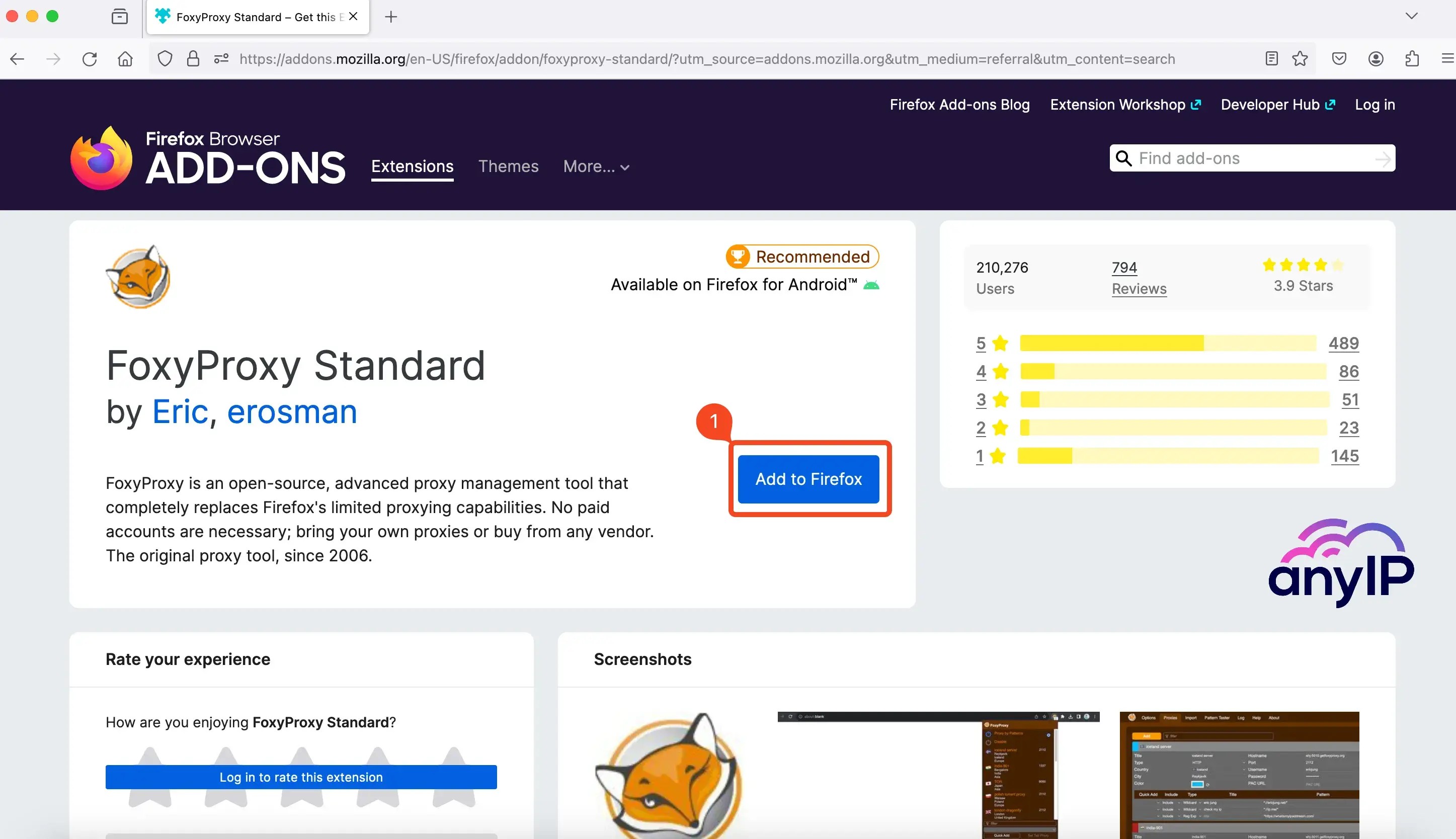 FoxyProxy standard version on Firefox Add-ons page