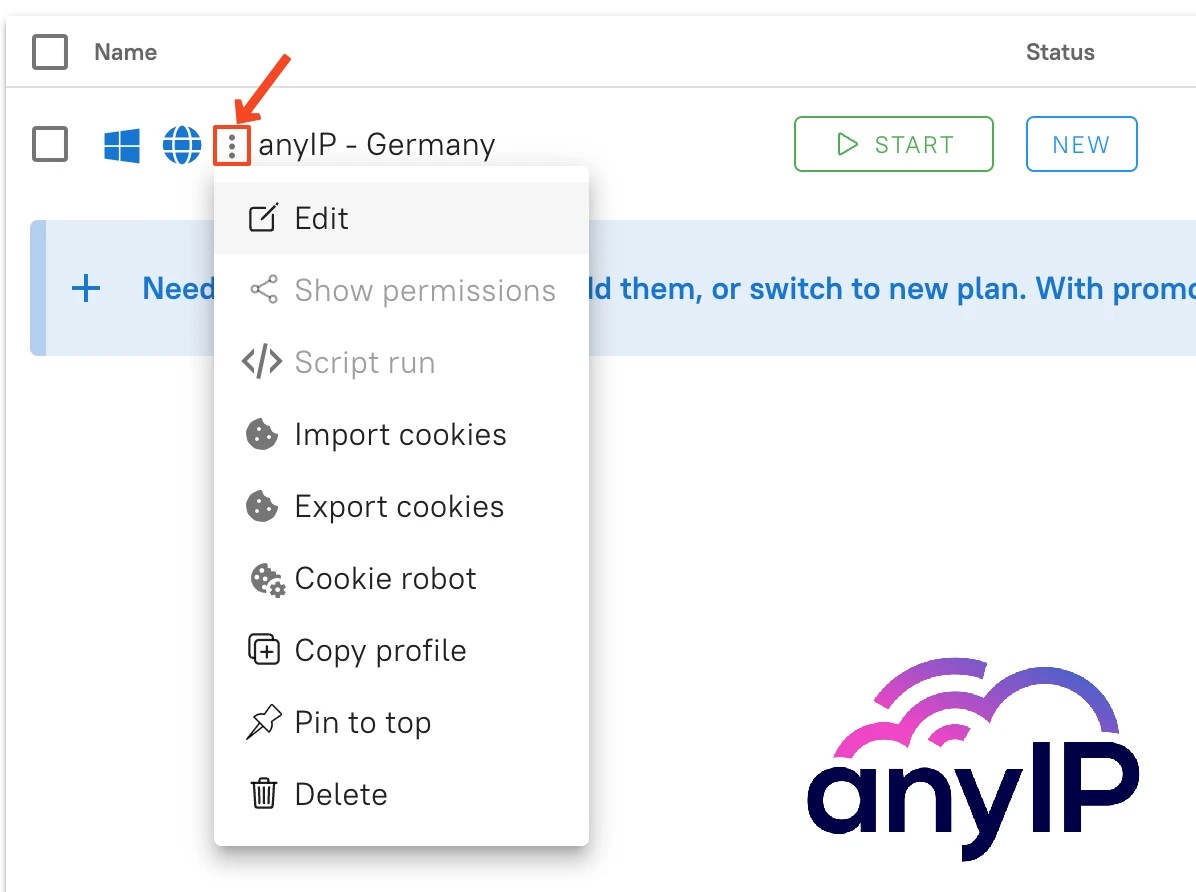 This screenshot shows how to access the contextual menu of a Dolphin Anty profile.