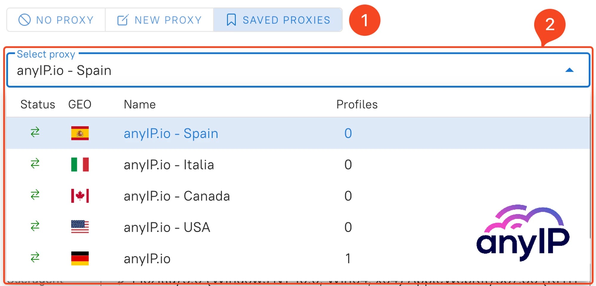 This screenshot shows how to add a saved proxy during the creation profile on the Dolphin Anty desktop application.