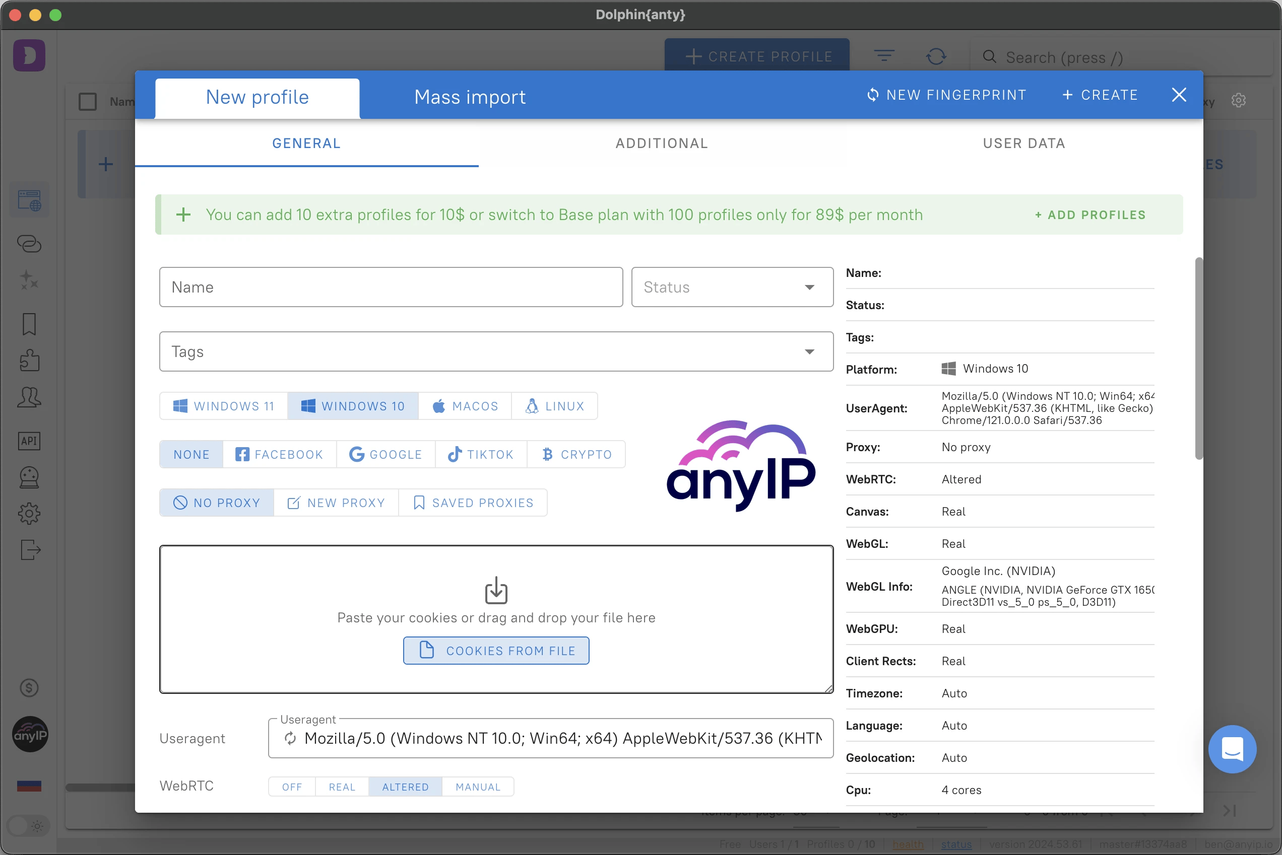 This screenshot shows the profile creation form on the Dolphin Anty desktop application.