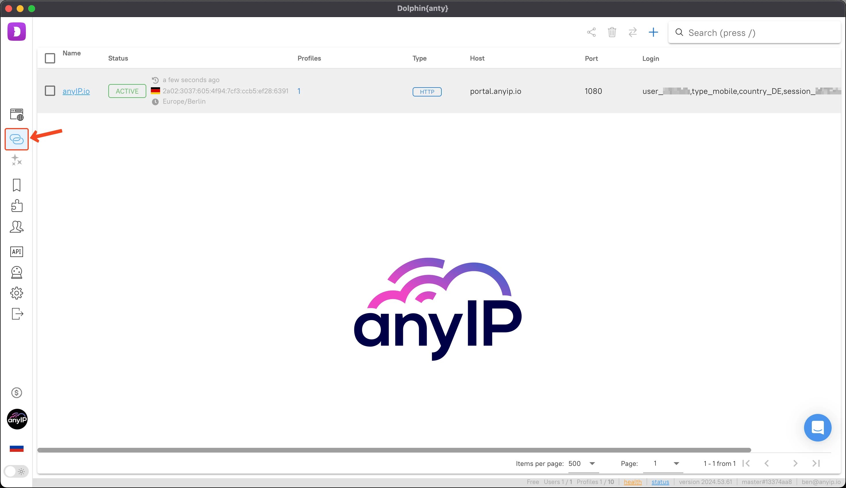 This screenshot shows the proxies management view on the Dolphin Anty desktop application.