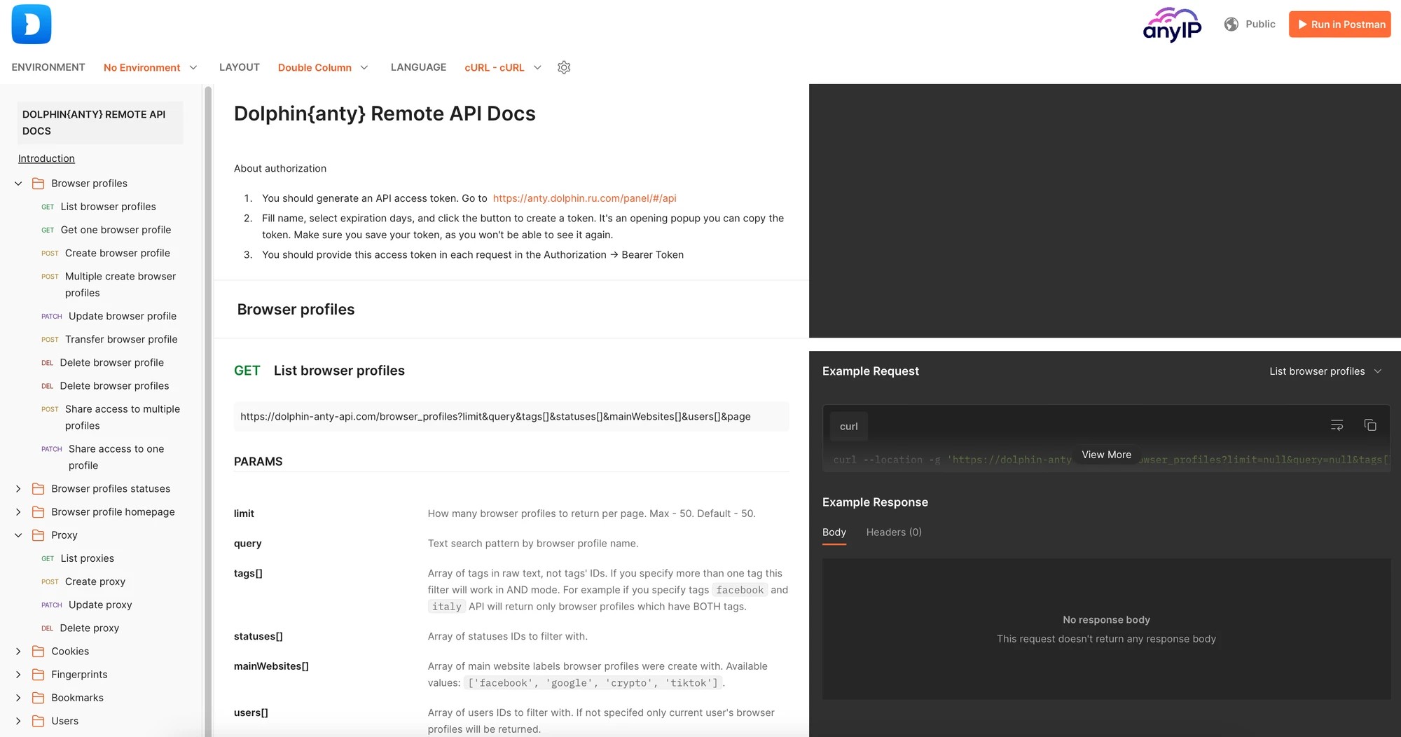 Screenshot of the Dolphin Anty remote API documentation homepage.