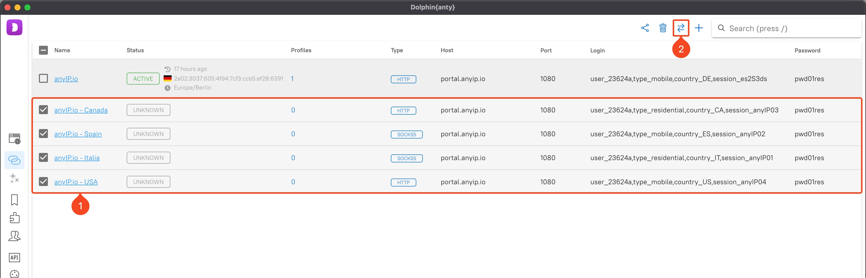 This screenshot shows the proxies list on the Dolphin Anty desktop application.