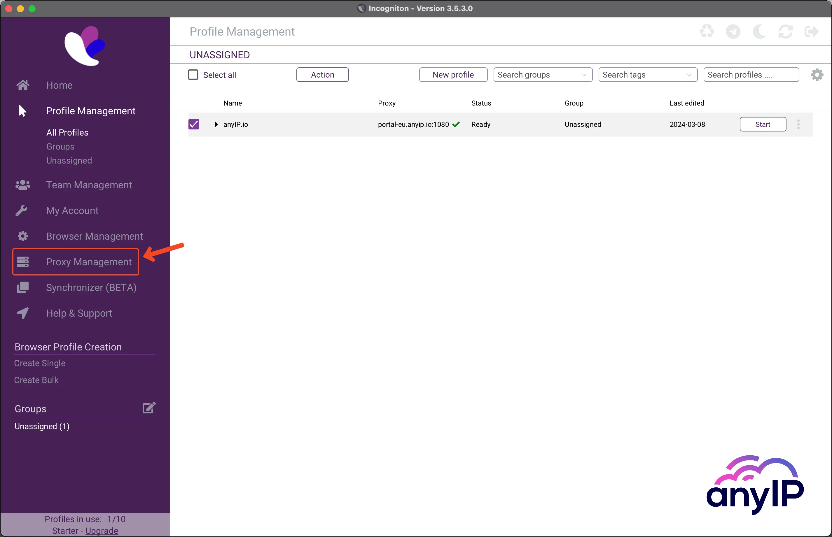 This screenshot shows the proxy management dashboard on the Incogniton desktop application.