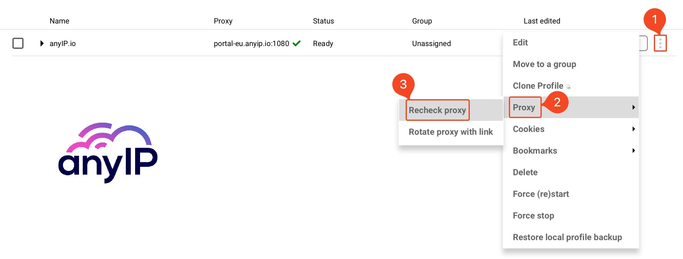 This screenshot shows how to recheck a proxy on the Incogniton desktop application.