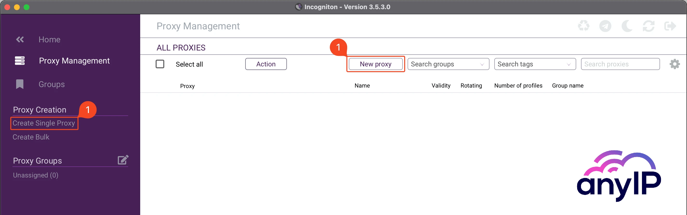 This screenshot shows how to open the single proxy creation form on the Incogniton desktop application.