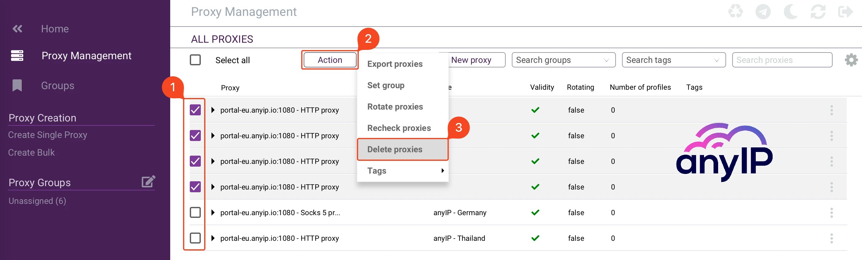 This screenshot shows how to delete one or multiple proxies on Incogniton desktop application.