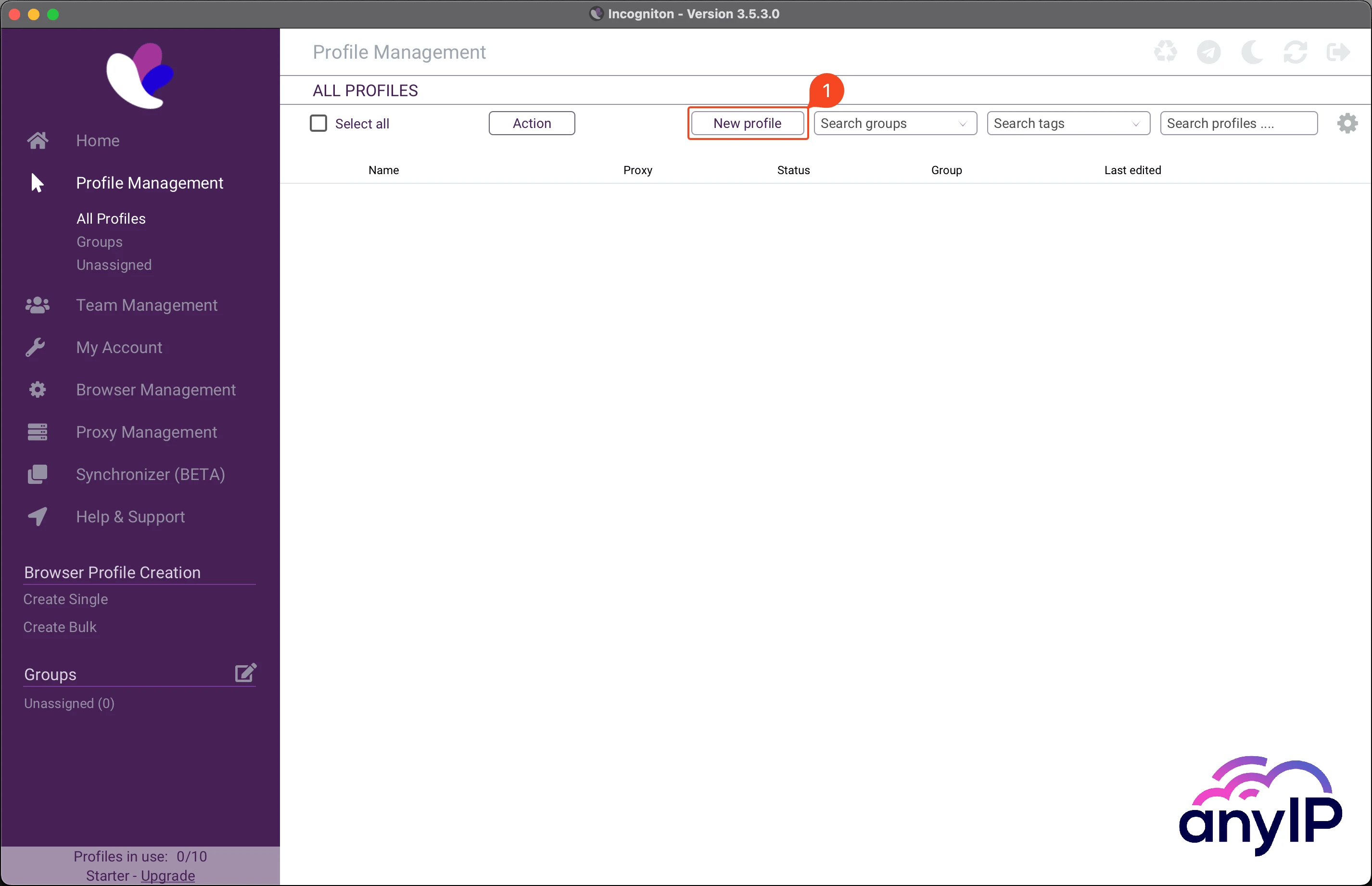 This screenshot shows how to access the profile creation form on the Incogniton desktop app.