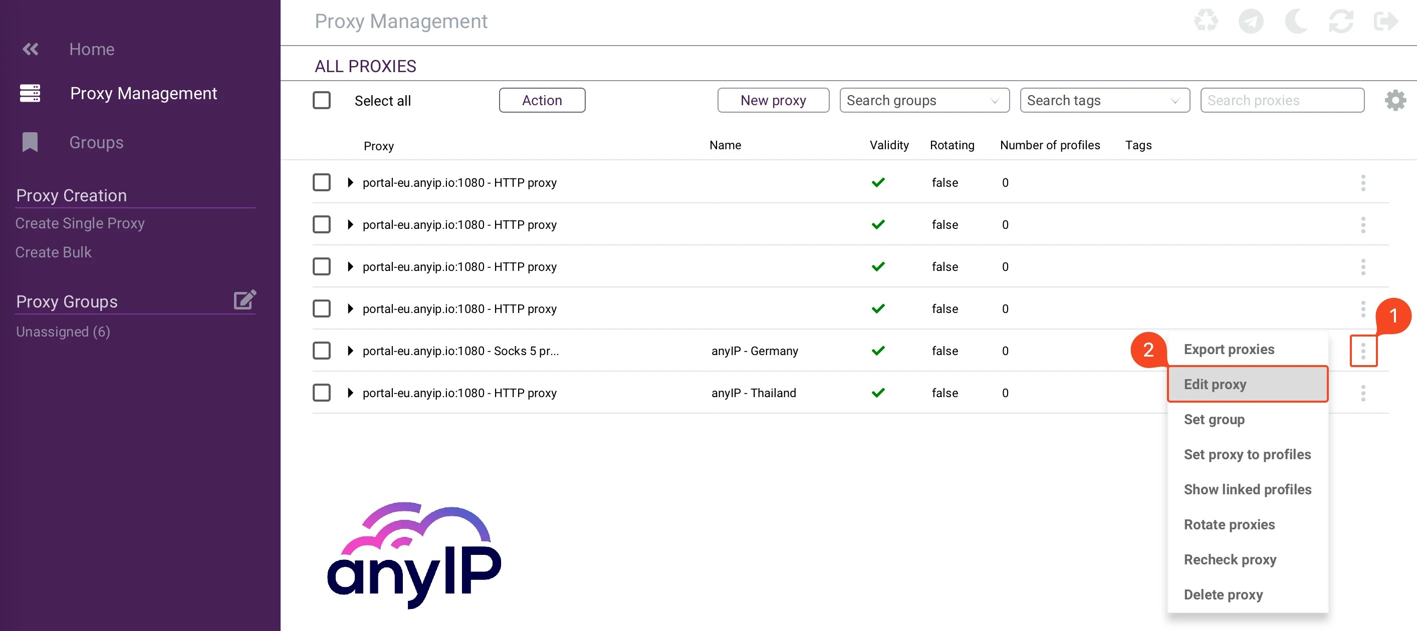 This screenshot shows how to edit a proxy settings on Incogniton desktop application.