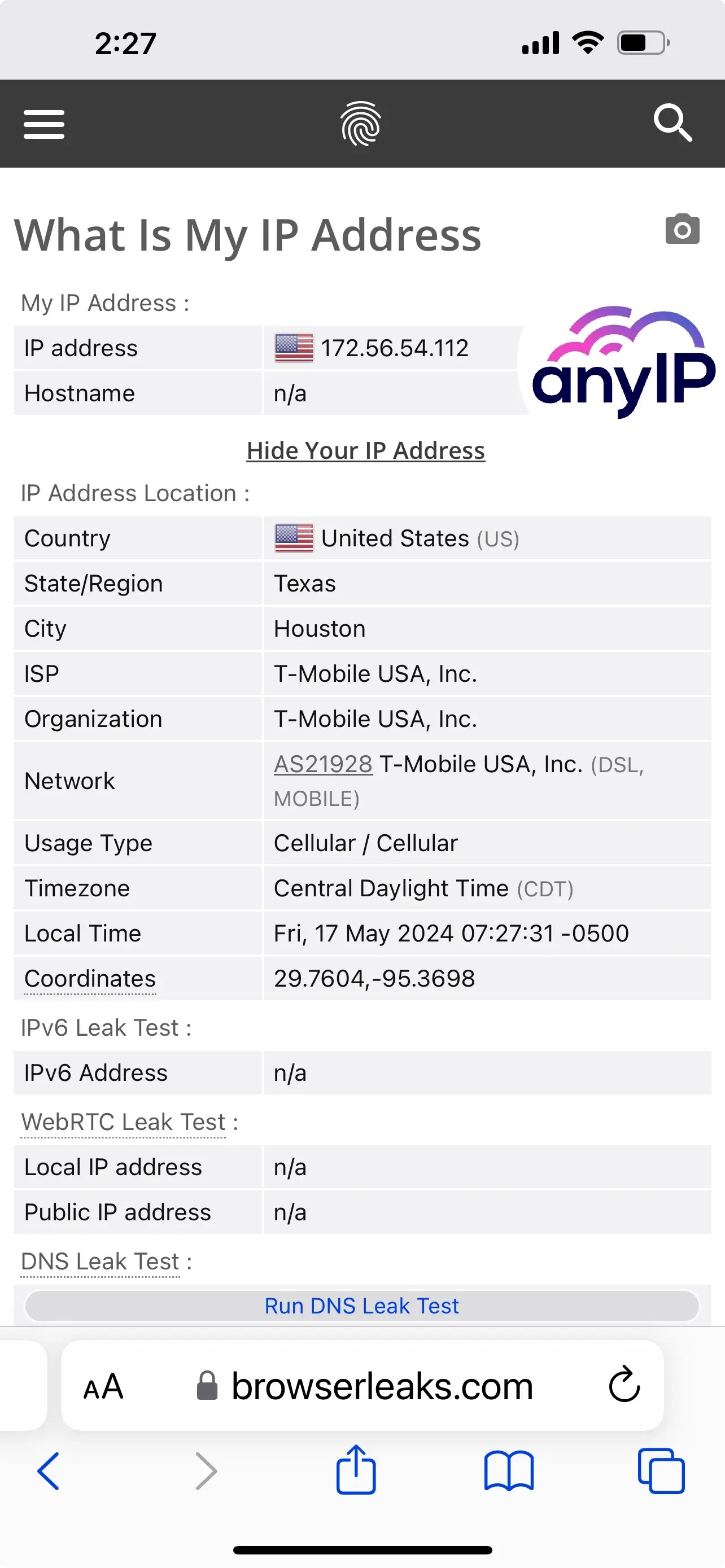 This screenshot shows your IP using browserleaks.com/ip on iOS (iPhone and iPad).