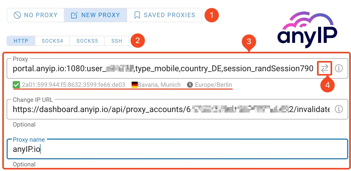 This screenshot shows the proxy settings of the creation profile form on the Dolphin Anty desktop application.