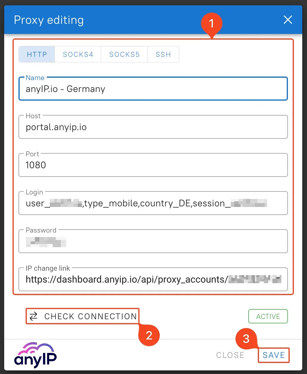 This screenshot shows the proxy editing form on the Dolphin Anty desktop application.