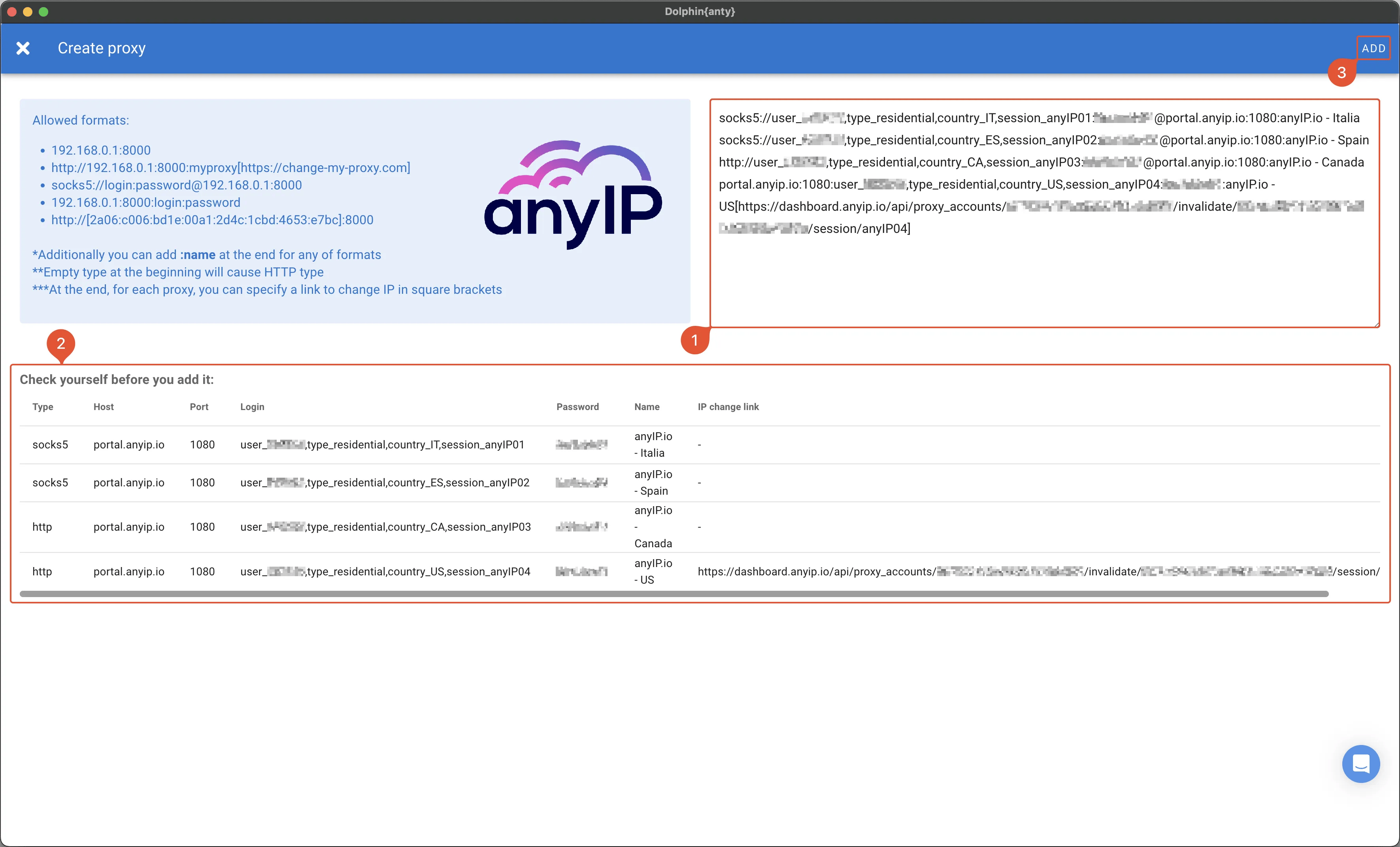 This screenshot shows the proxy creation form on the Dolphin Anty desktop application.