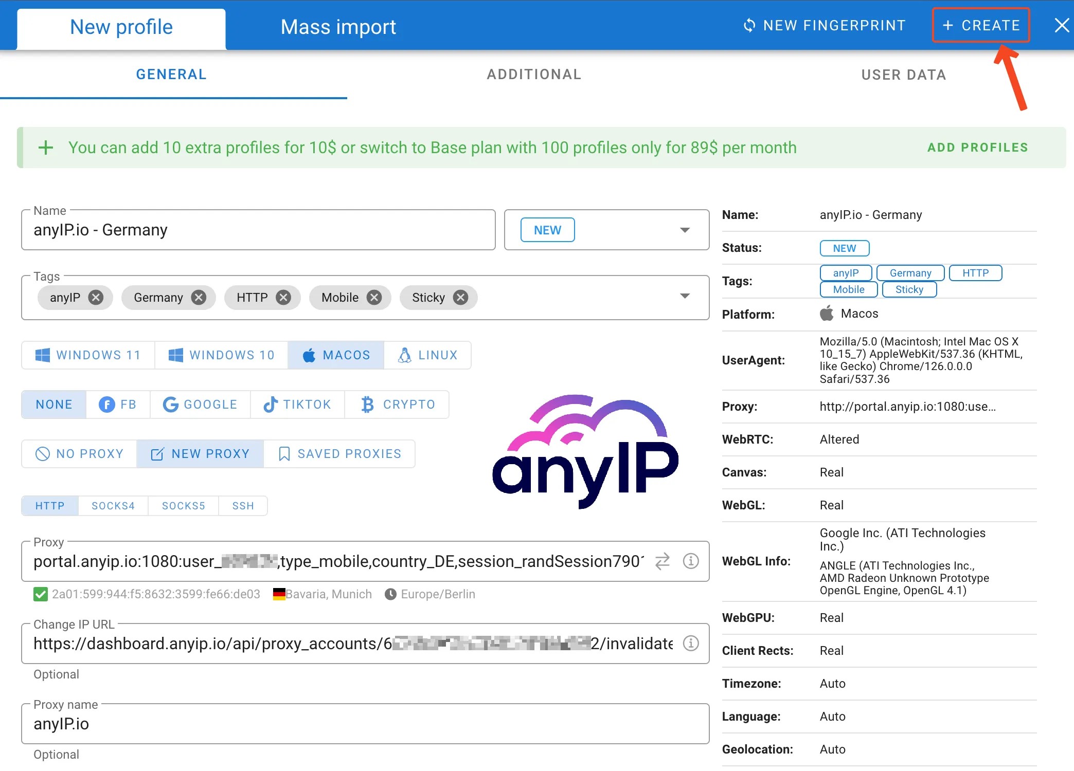 This screenshot shows how to create a profile on the Dolphin Anty desktop application.