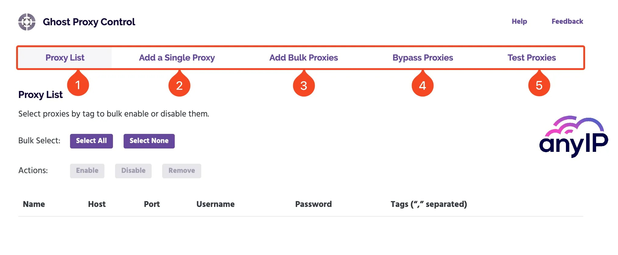 This screenshot shows the Ghost Proxy Control settings on the Ghost Browser application. 