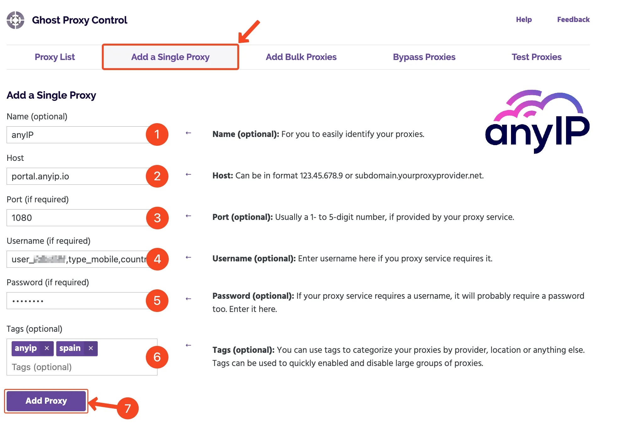 This screenshot shows how to add a single proxy on the Ghost Browser app. 