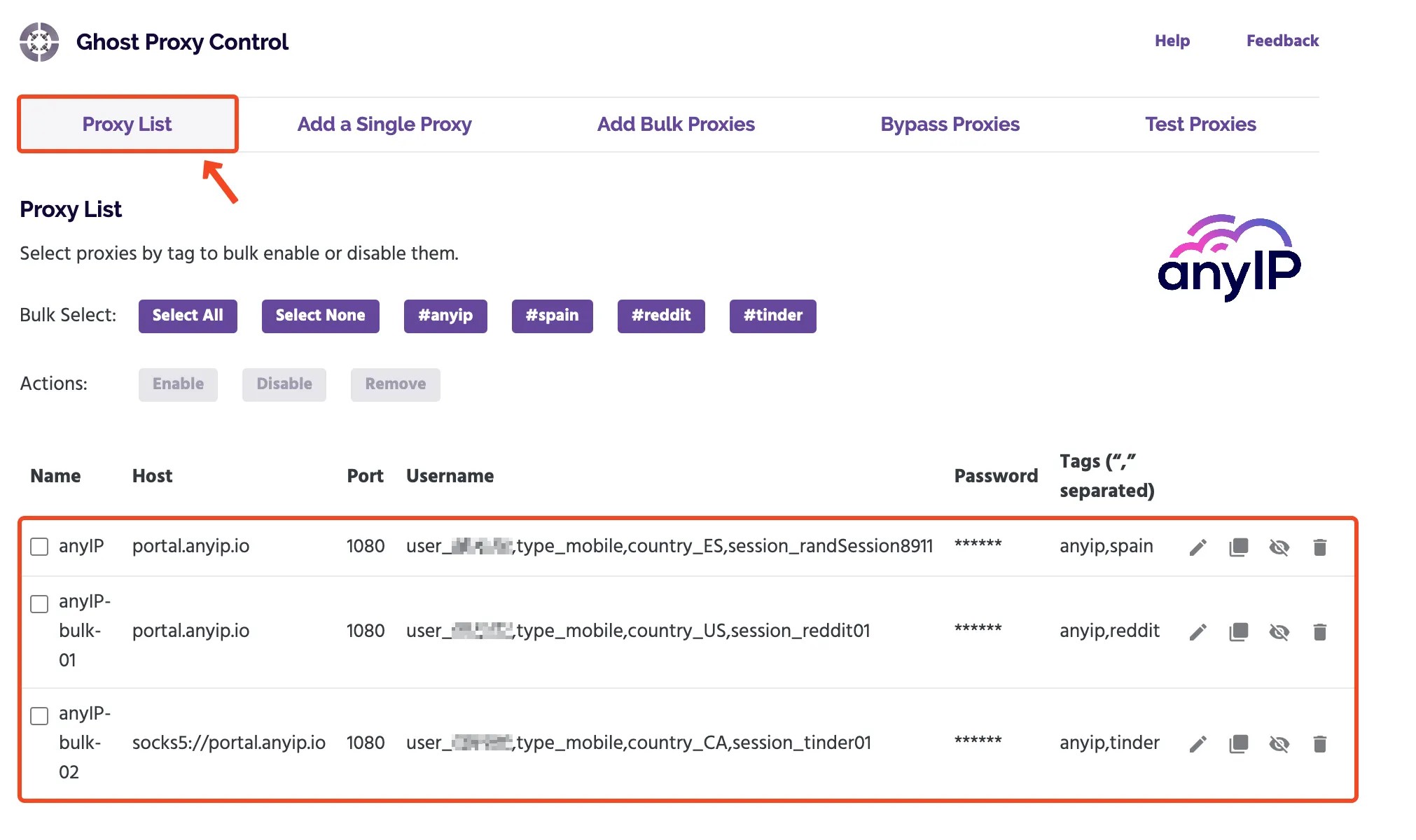 This screenshot shows the proxy list on the Ghost Browser app. 