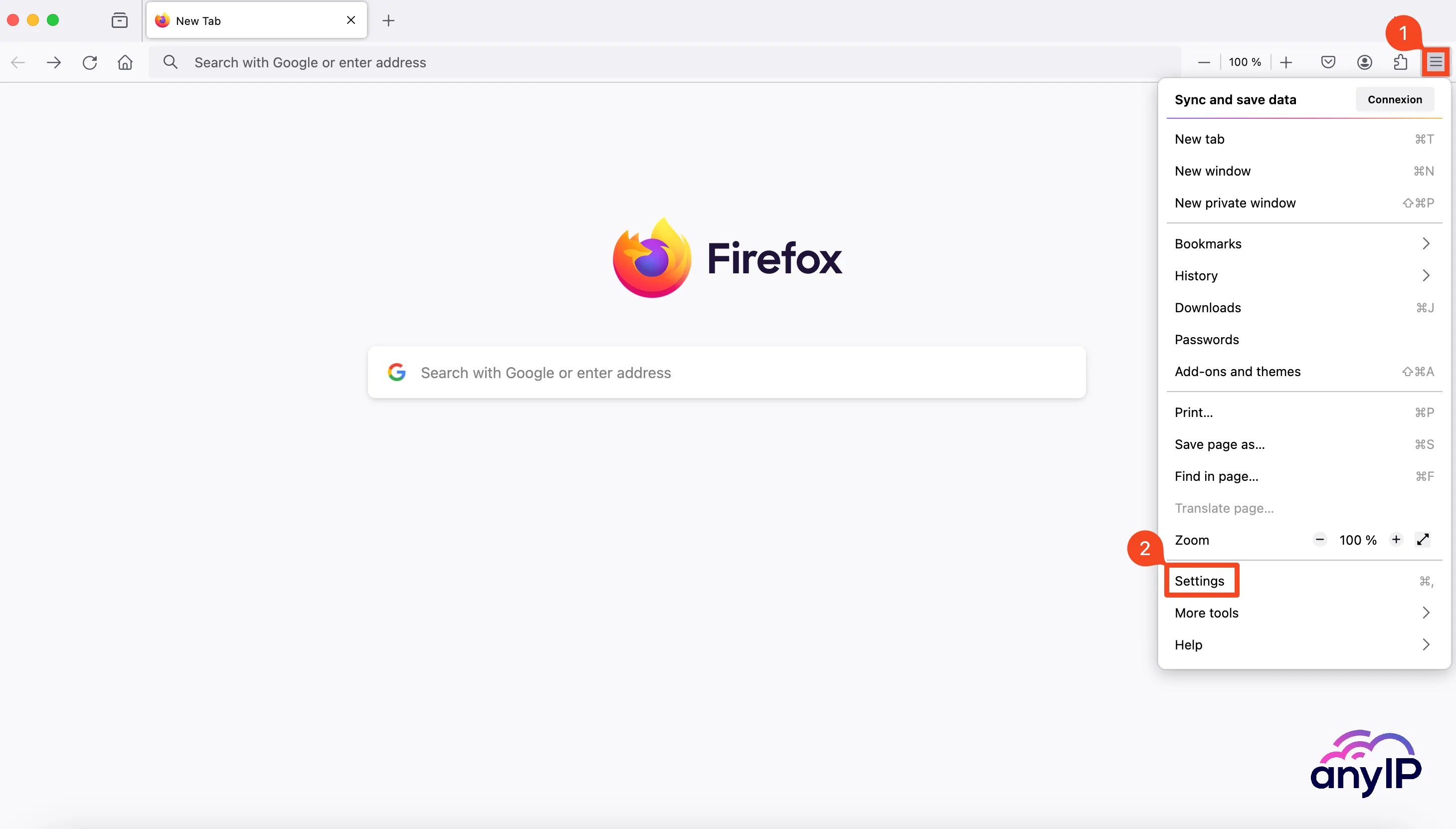 This screenshot shows how to go to Firefox settings.