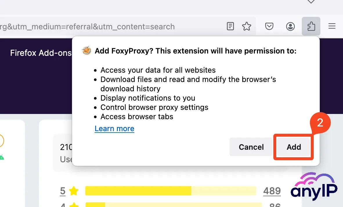 This screenshot shows how to add FoxyProxy to Firefox.