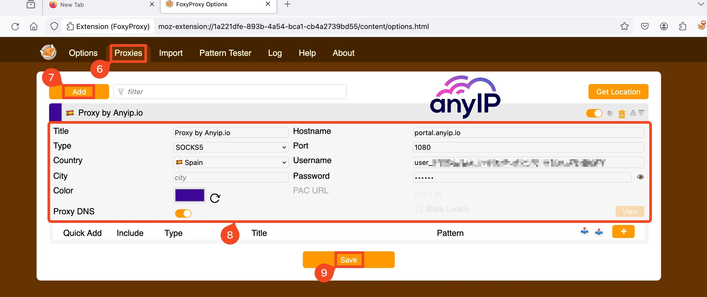 This screenshot shows how to configure a proxy in FoxyProxy