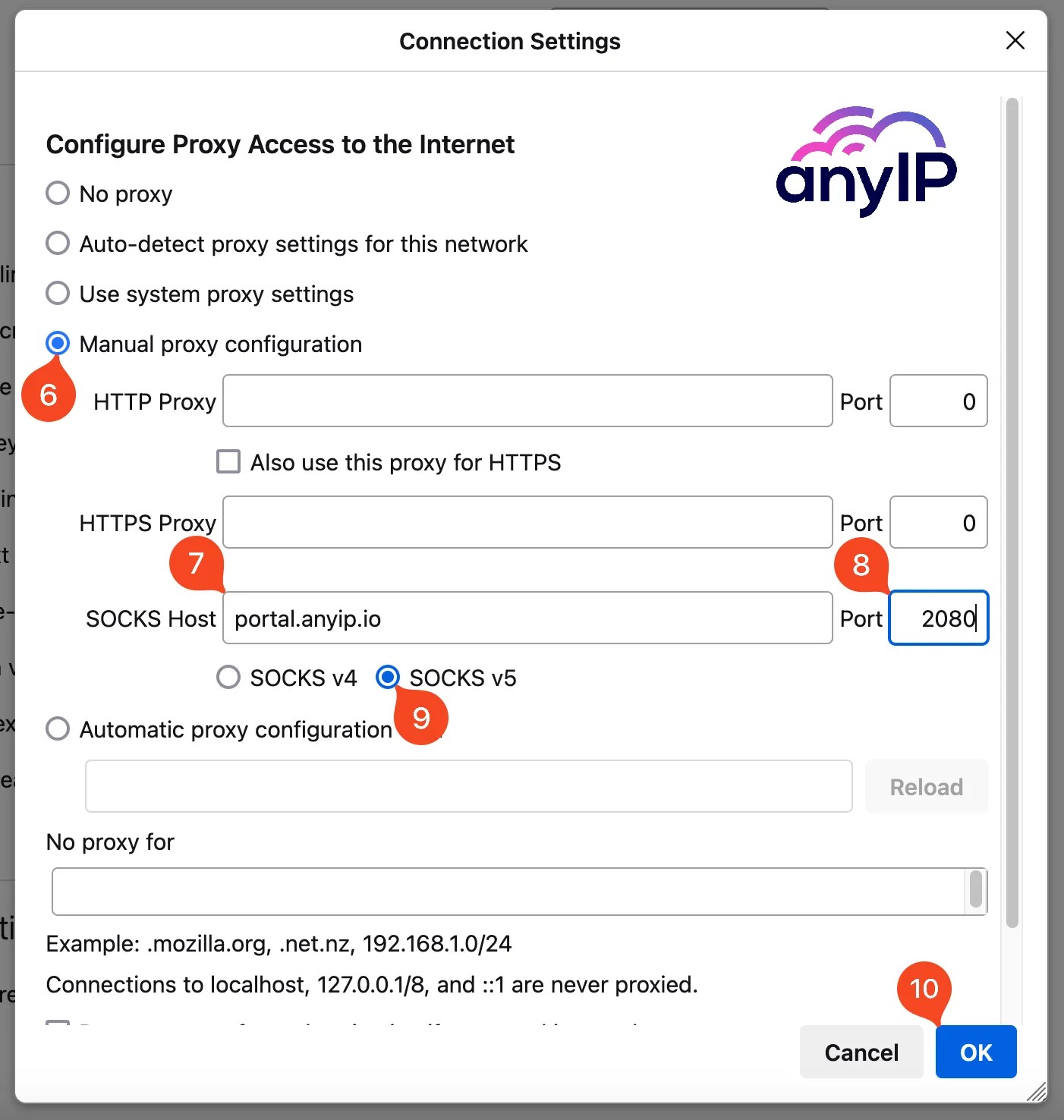 This screenshot shows the Firefox connection settings form.