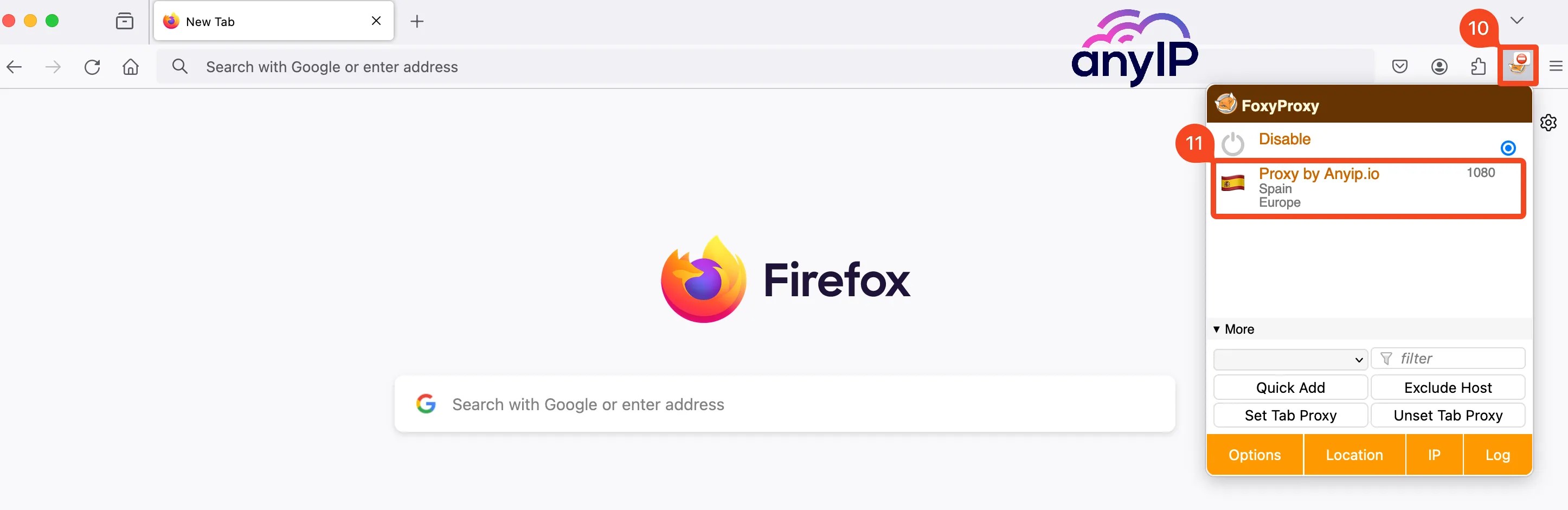 This screenshot shows the available proxy in FoxyProxy and how to connect to one of them.