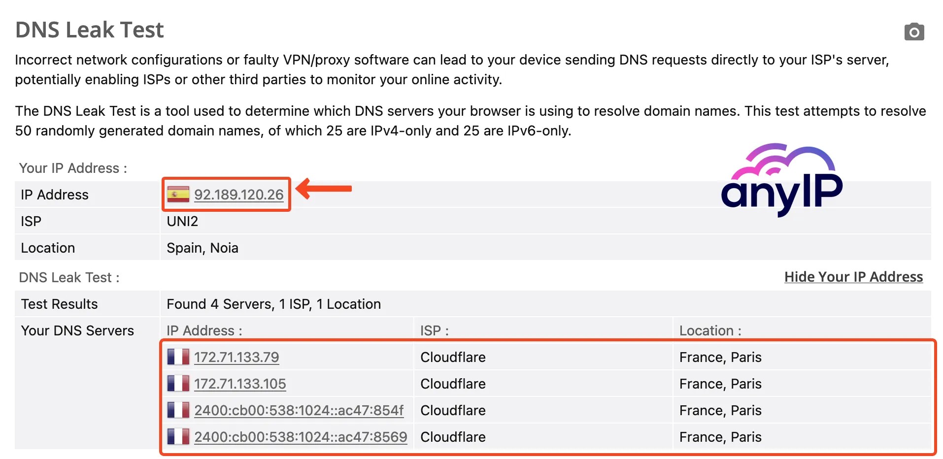 This screenshot shows your IP and DNS using browserleaks.com.