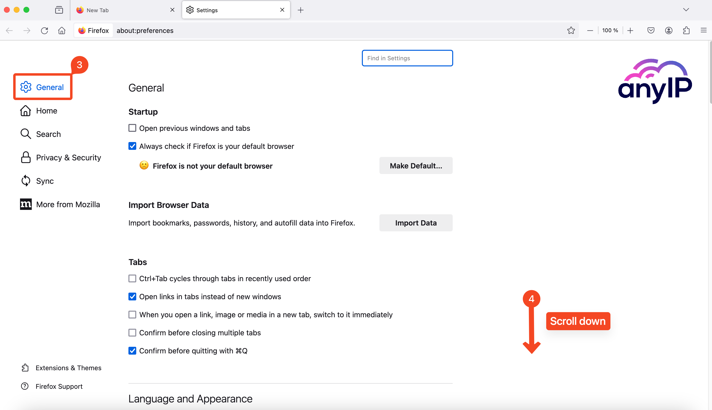 This screenshot shows how to find the network settings in Firefox.