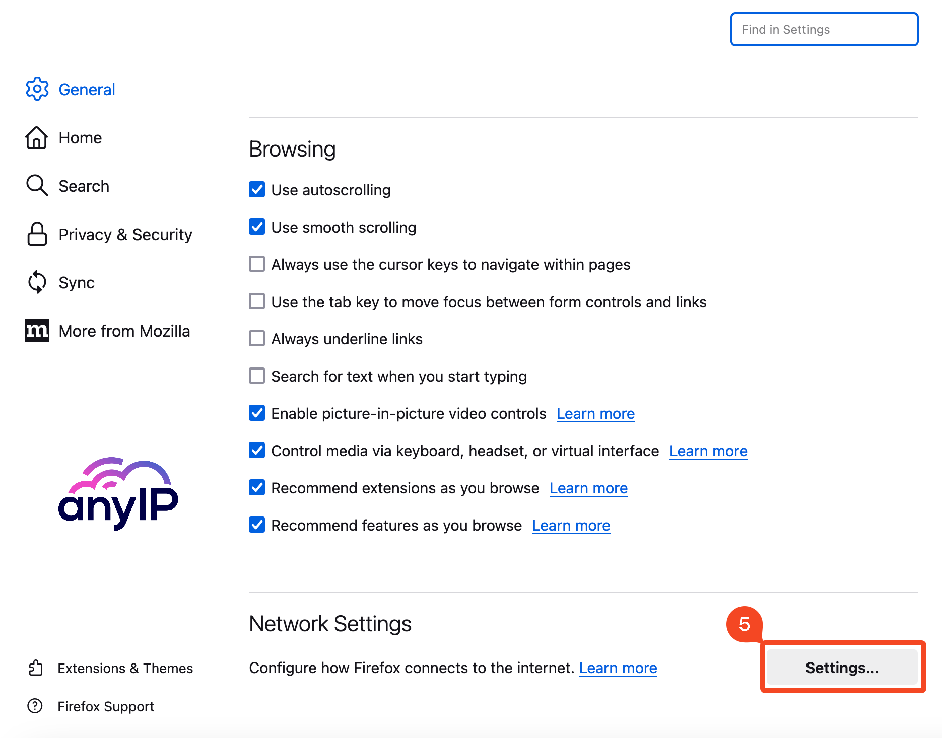 This screenshot shows how to access the network settings in Firefox.