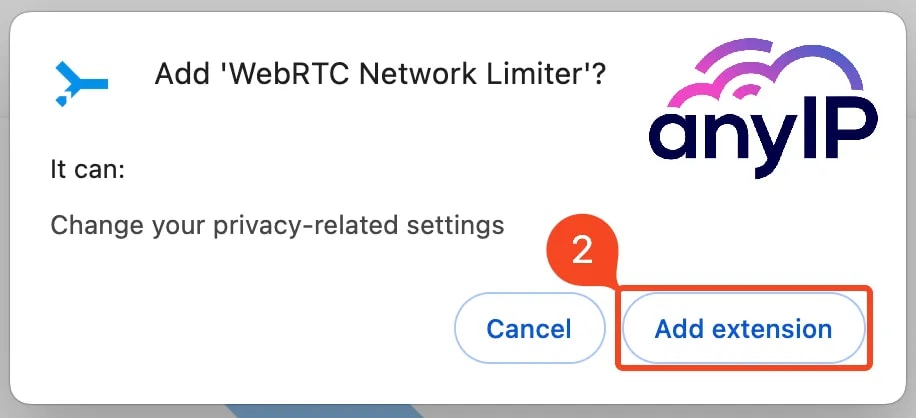 This screenshot shows the confirmation form to add the WebRTC Network Limiter extension to Chrome.