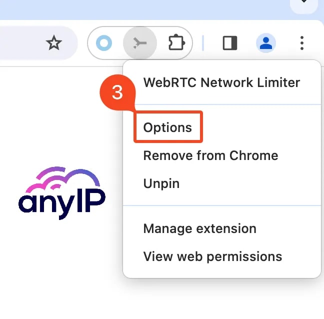 This screenshot shows how to access the options menu in WebRTC Network Limiter.