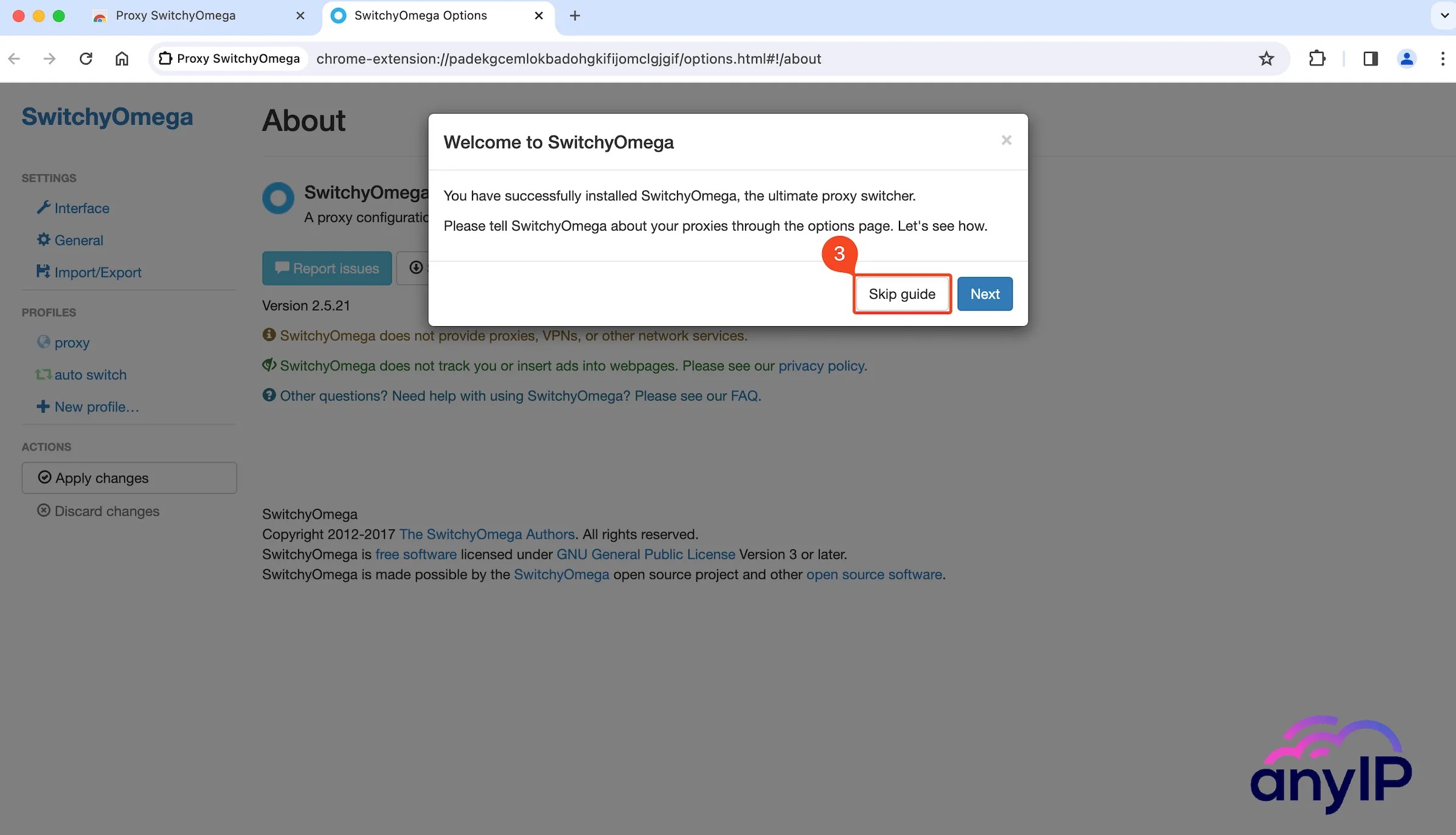 This screenshot shows how to skip the guide in Proxy SwitchyOmega