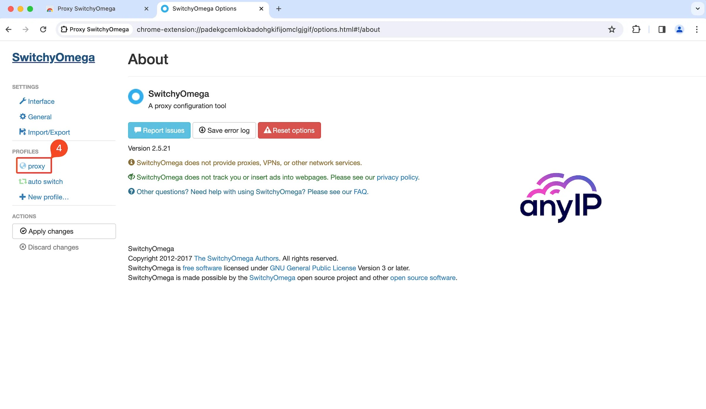 This screenshot showing how to access the default proxy profile in Proxy SwitchyOmega