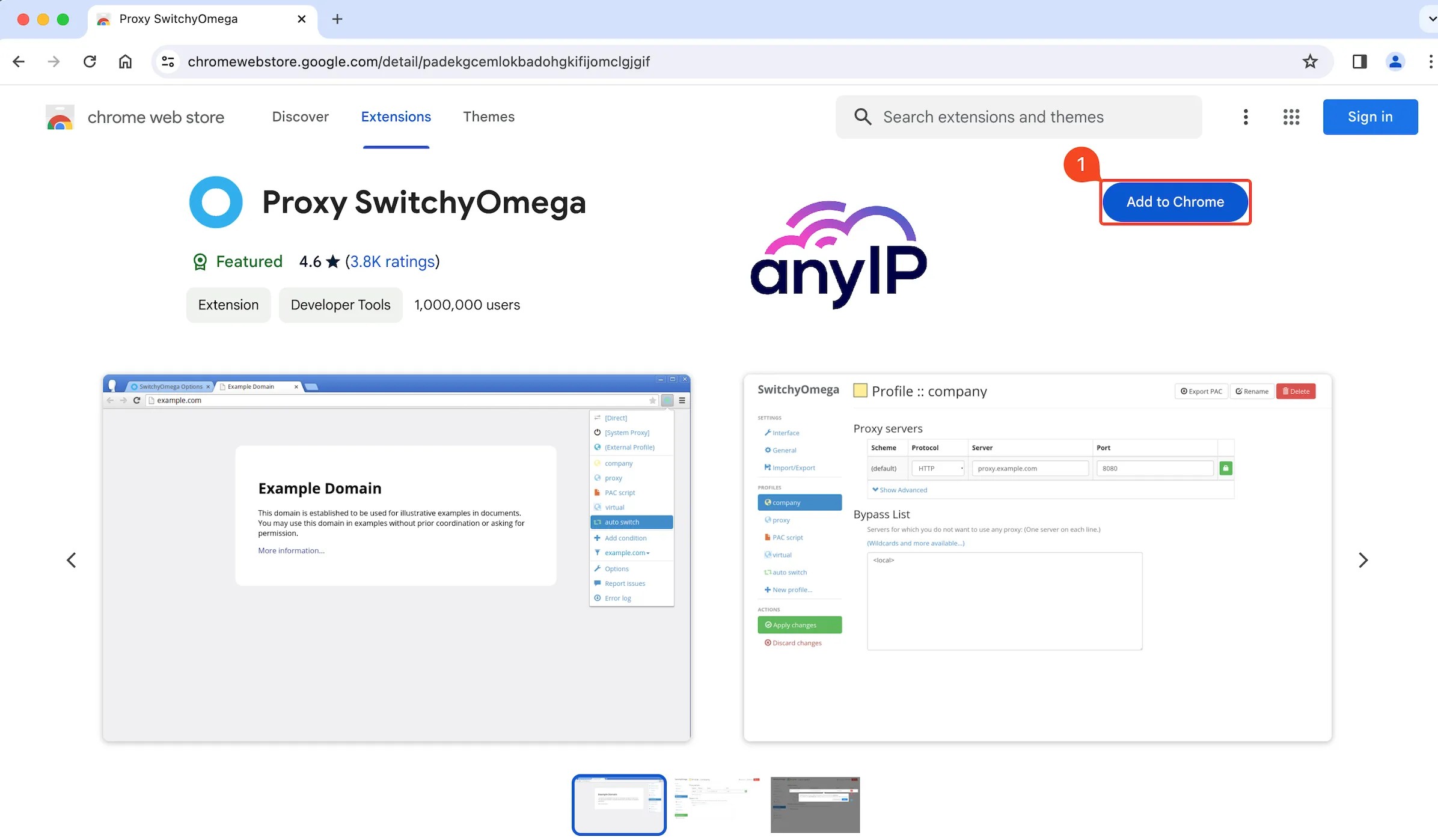 This screenshot shows how to add the Proxy SwitchyOmega extension on Chrome