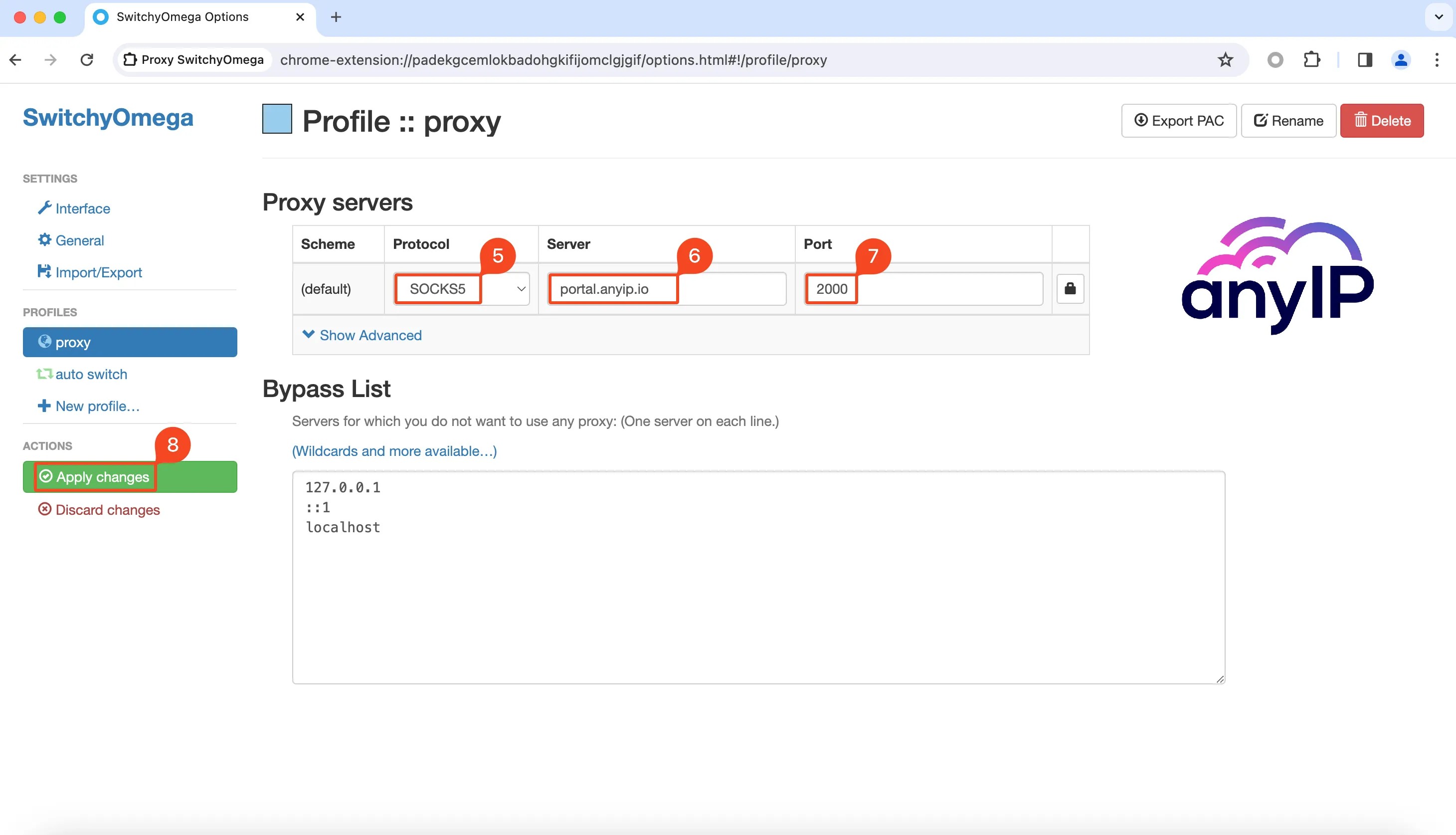 This screenshot shows how to add a SOCKS5 proxy to Proxy SwitchyOmega.