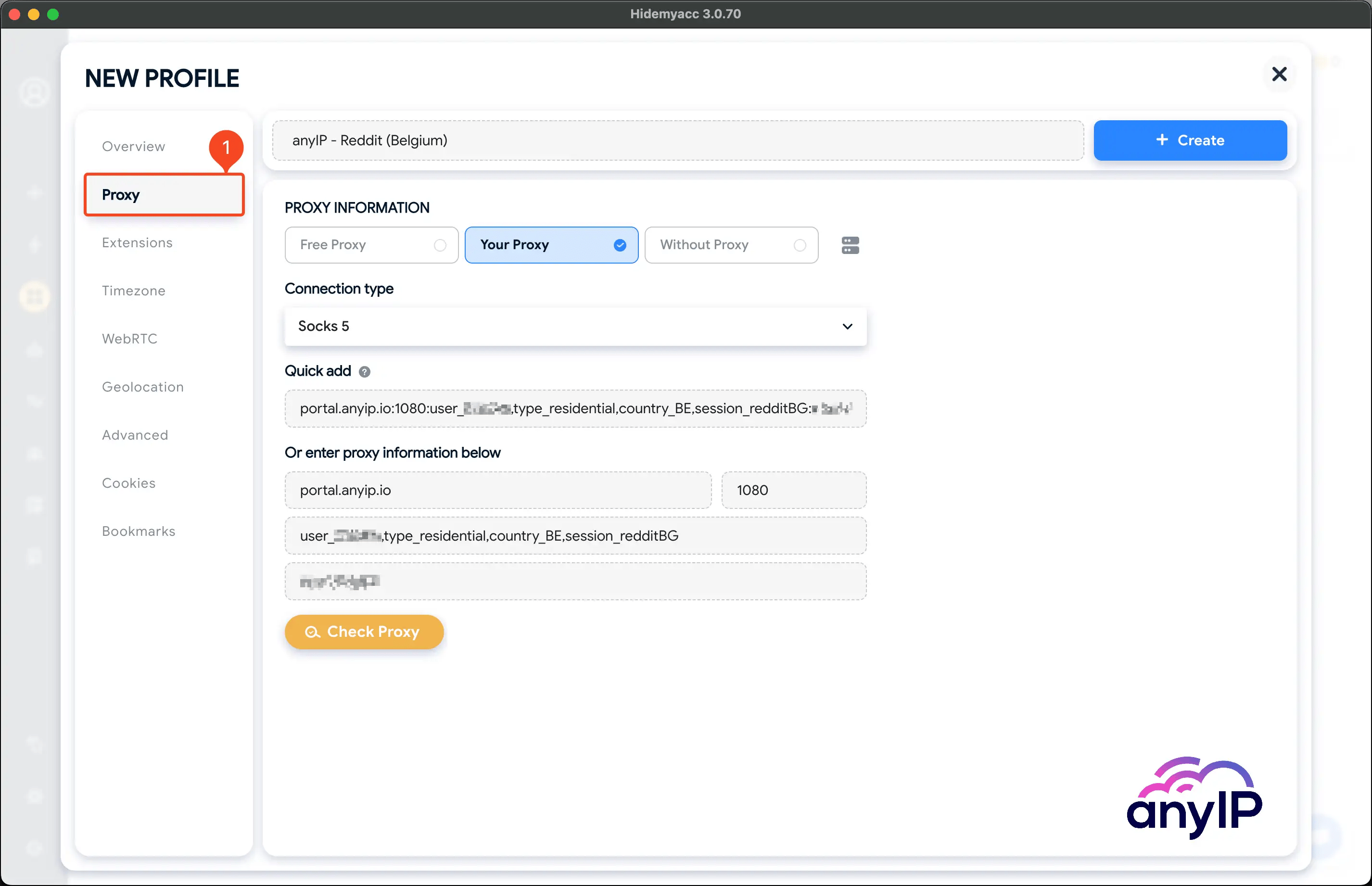 This screenshot shows the proxy tab on the profile creation form on the Hidemyacc app.
