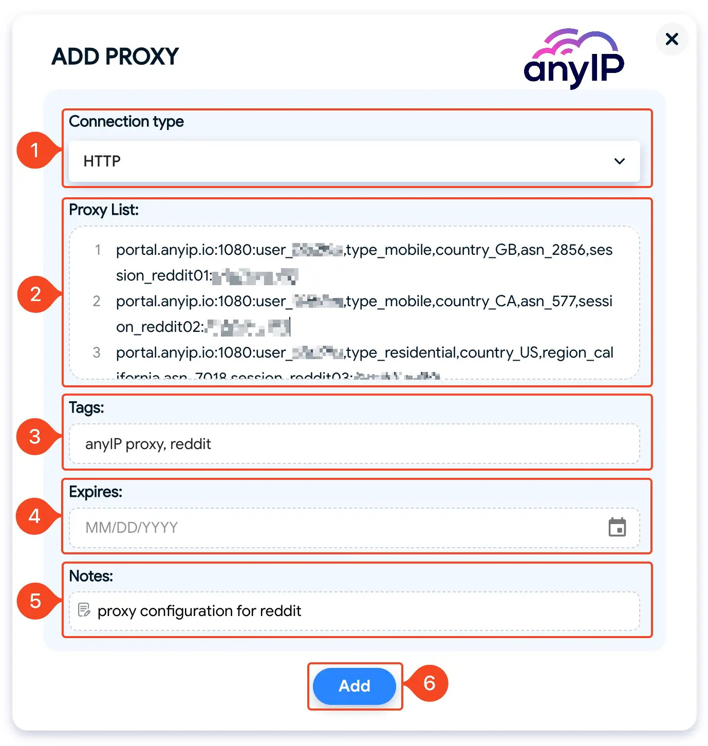 This screenshot shows the proxy batch form on the Hidemyacc app.