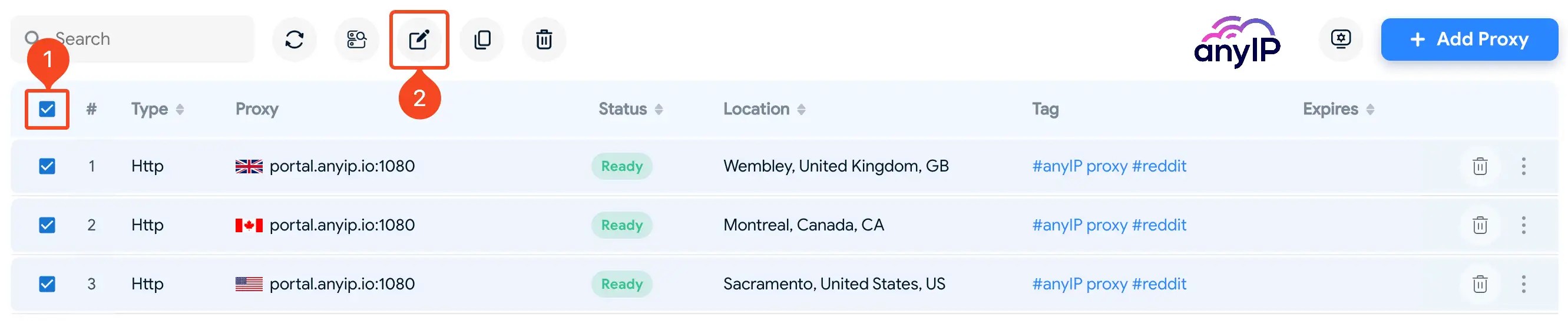 This screenshot shows how to test your proxies using the proxy manager on the Hidemyacc app.