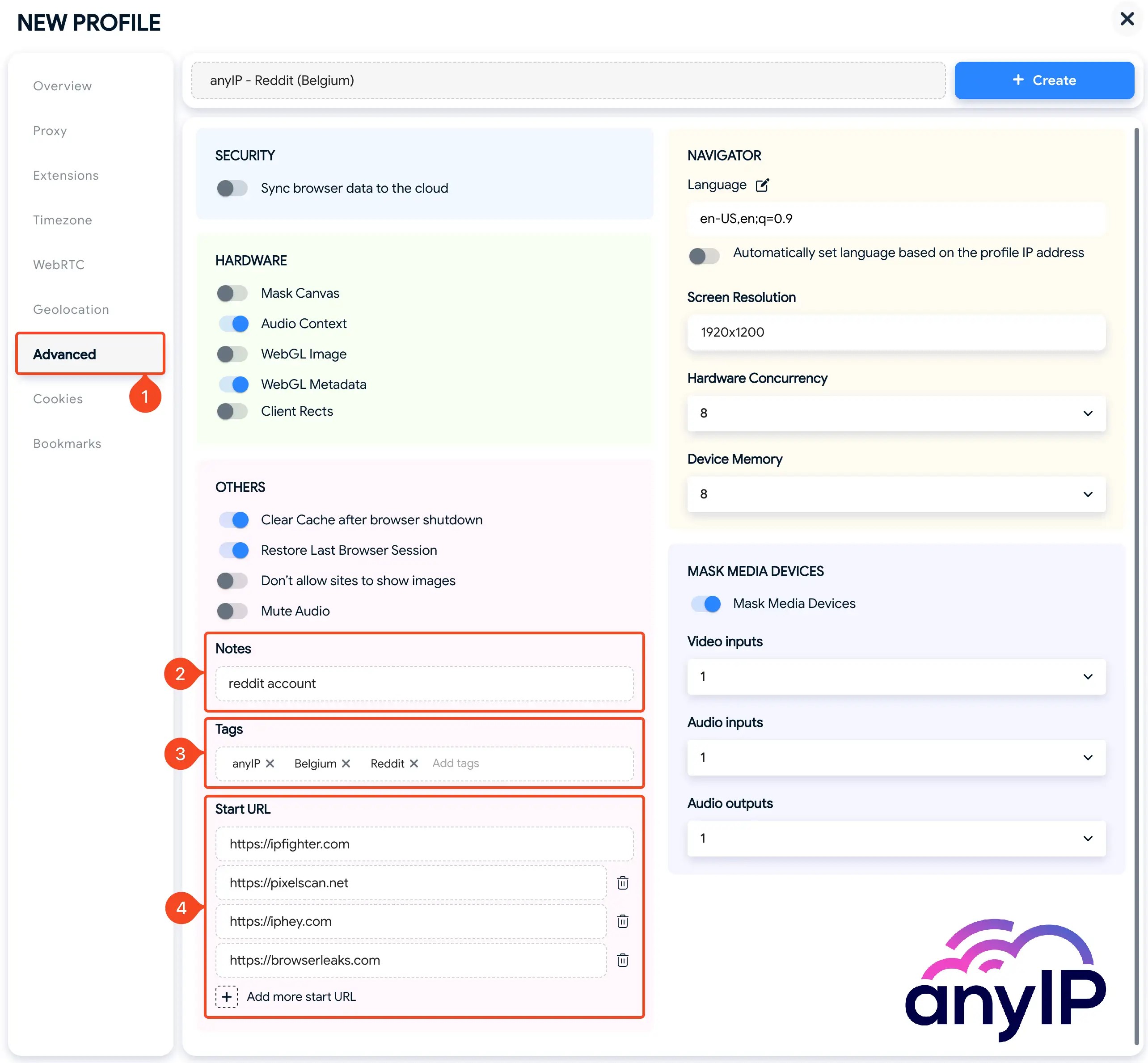 This screenshot shows the advanced settings profile on the Hidemyacc app.