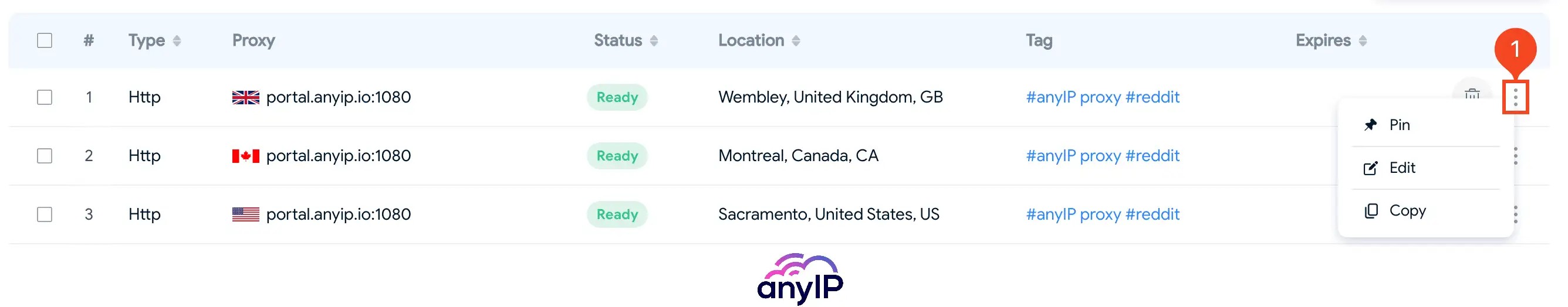 This screenshot shows how to edit your proxies on the proxy manager on the Hidemyacc app.