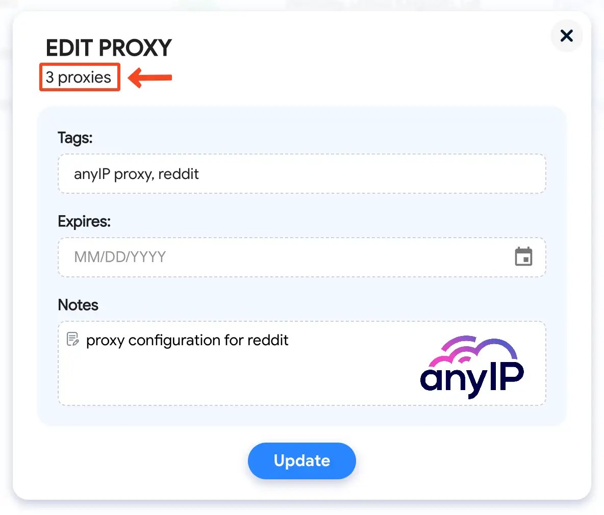 This screenshot shows you the batch edit form on the proxy manager on the Hidemyacc app.