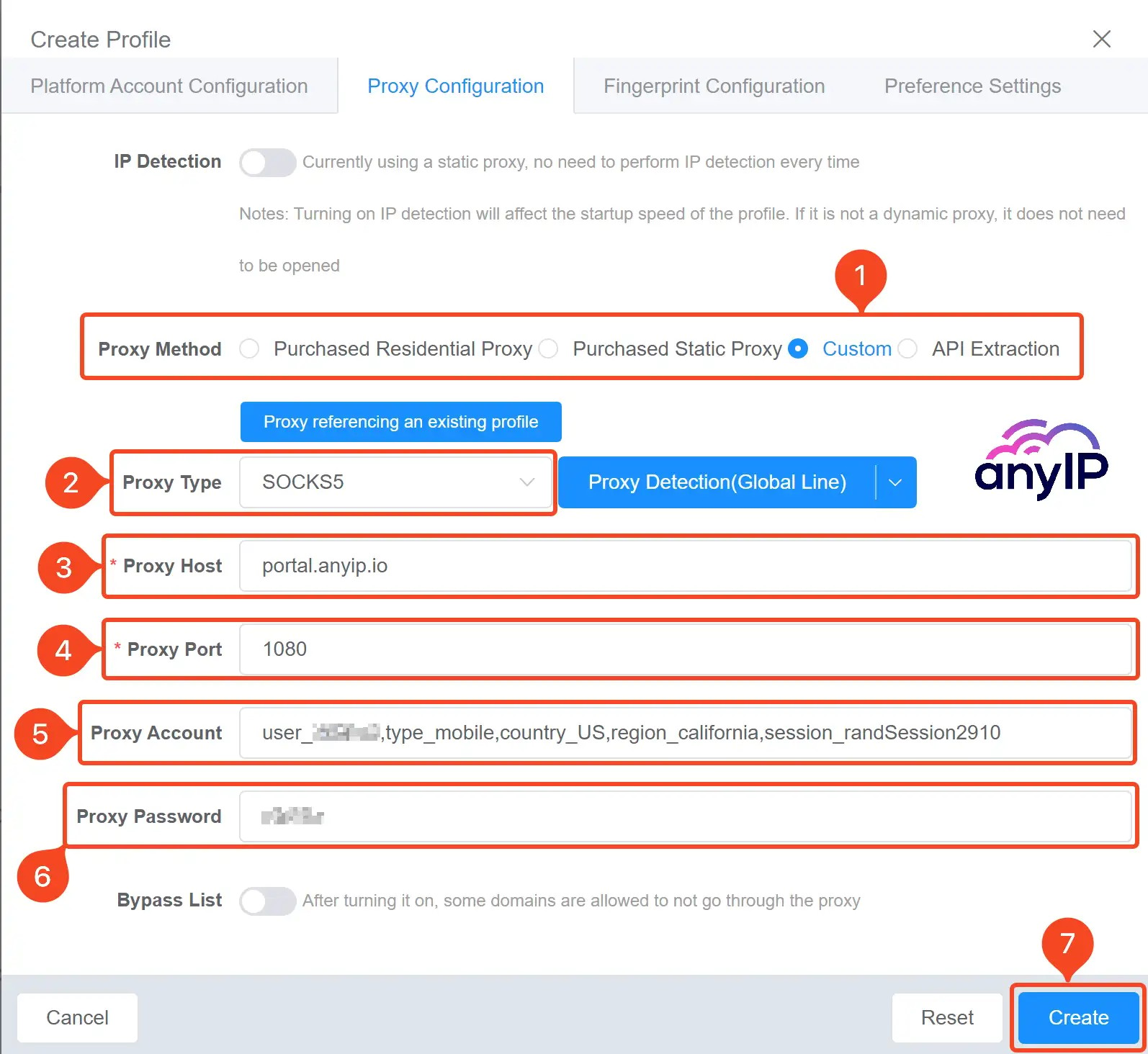 This screenshot shows the proxy configuration on the profile creation form on the ixBrowser application