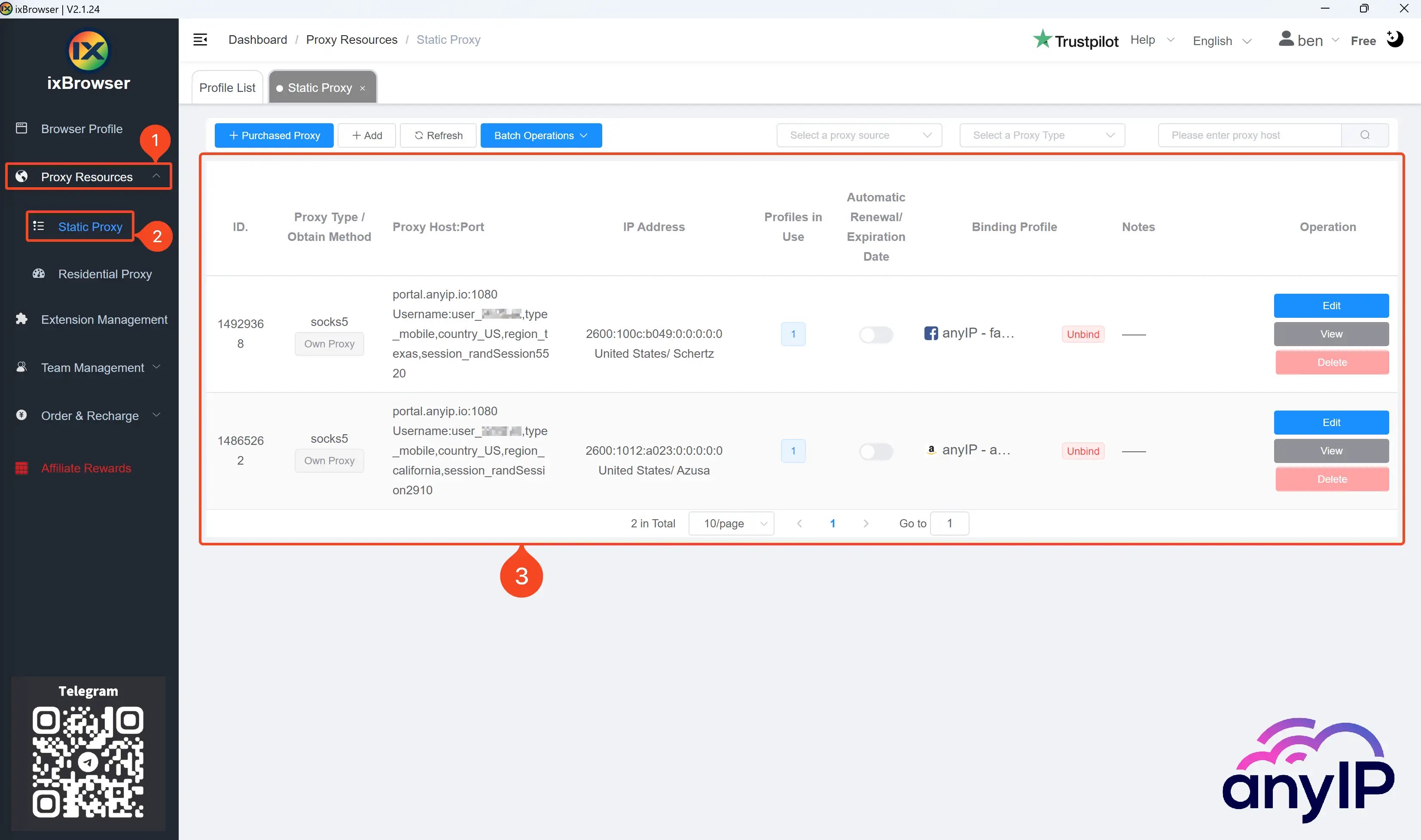 This screenshot shows the proxy list on the ixBrowser application