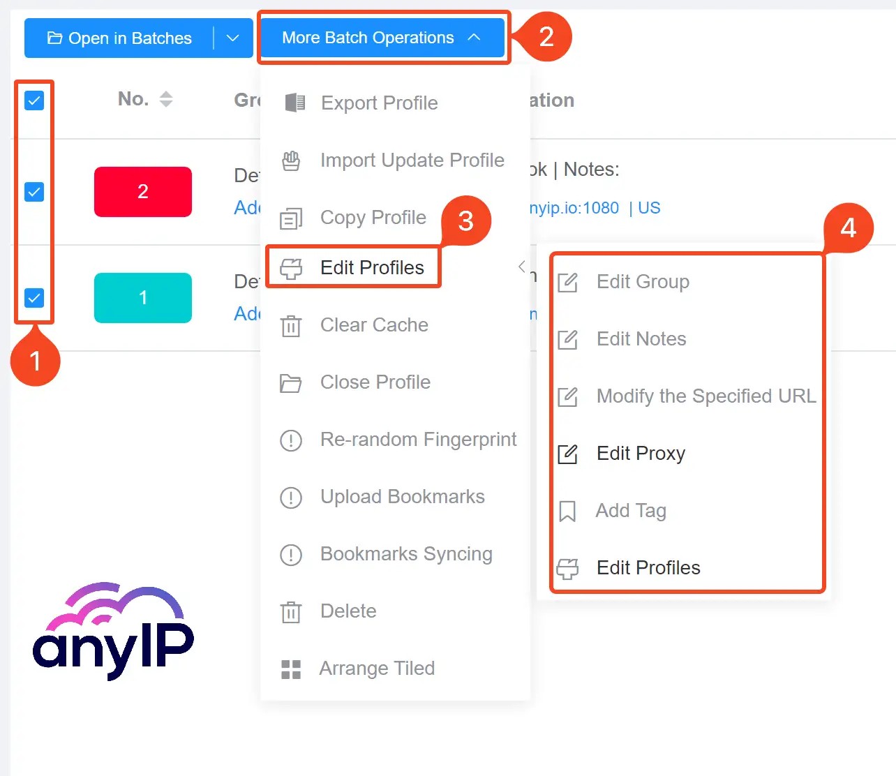 This screenshot shows how to batch edit profiles in the ixBrowser application