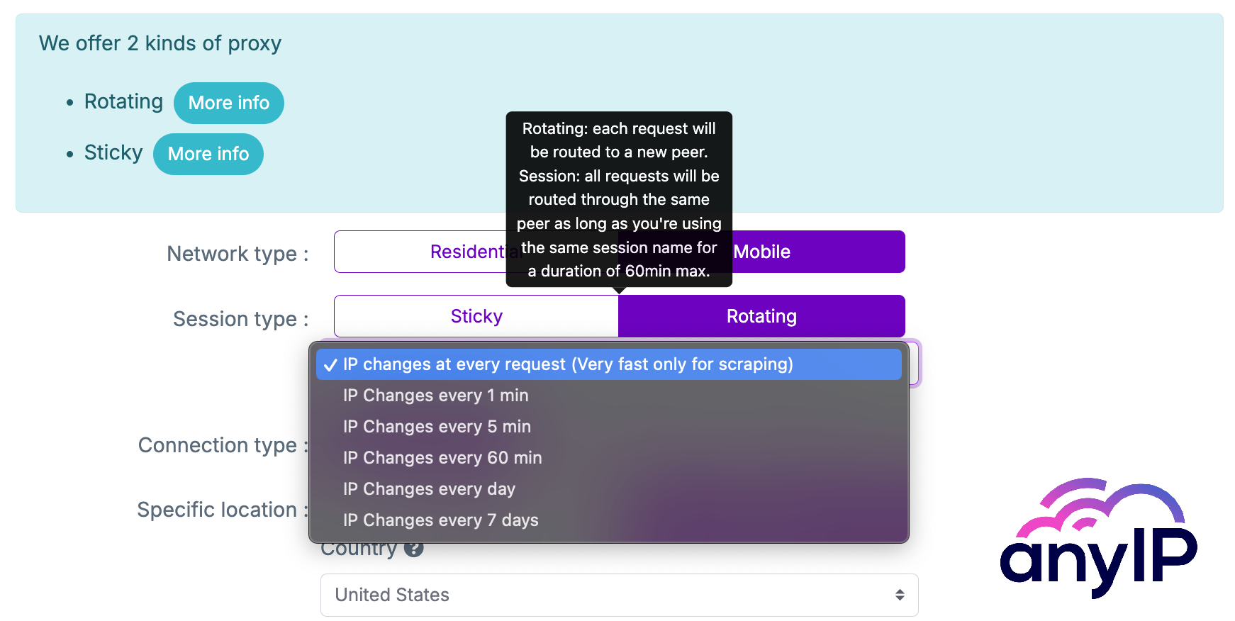 Screenshot of the rotating option from anyIP.io's dashboard