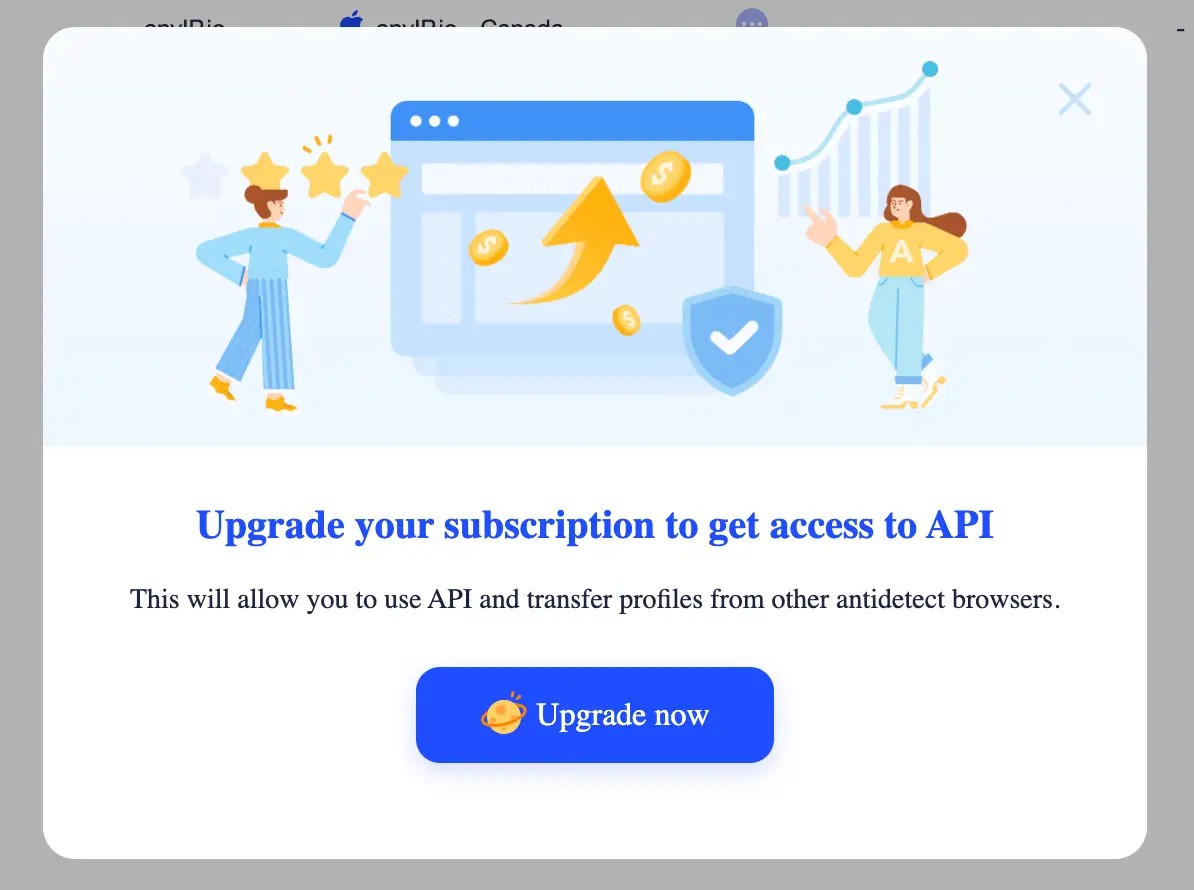 Adspower warning message to upgrade account to use the AP