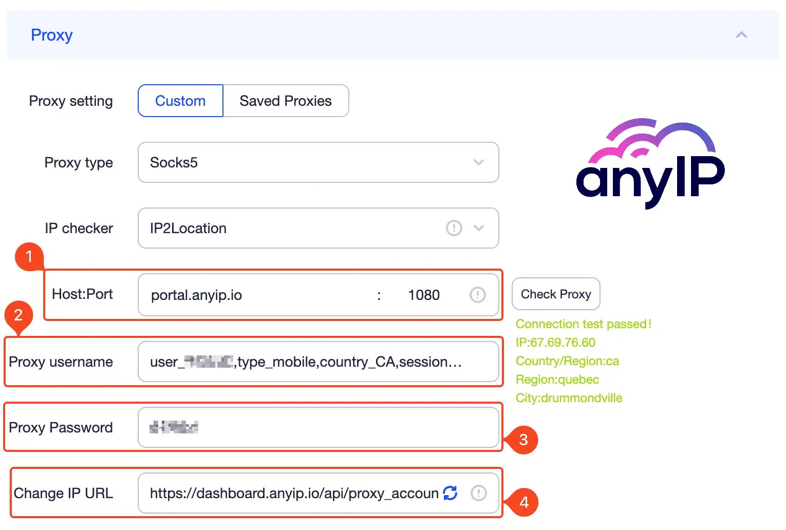 An example of how to configure a custom proxy on adspower during the profile creation